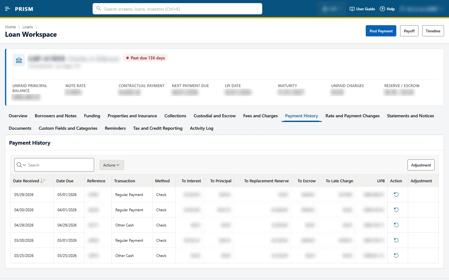 Prism Loan Workspace: a loan's payment history, each payment split into interest, principal, reserve, escrow and late charge